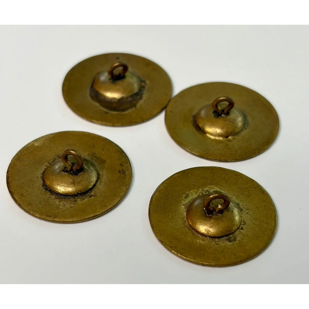Lot 4 Antique Early 19th C Flat Brass Buttons Dashed Border Wire Shank 1820s